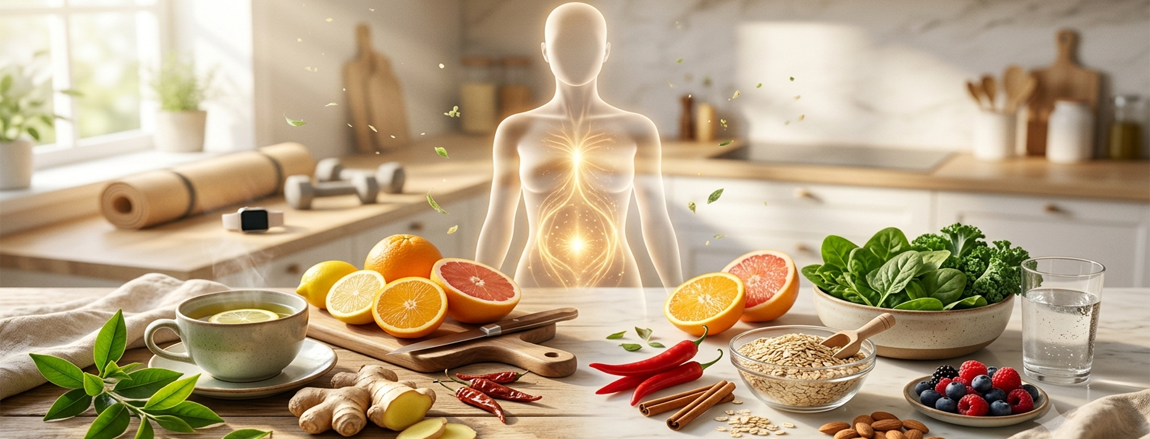 Natural ingredients for boosting metabolism including green tea, ginger, citrus fruits, and healthy foods