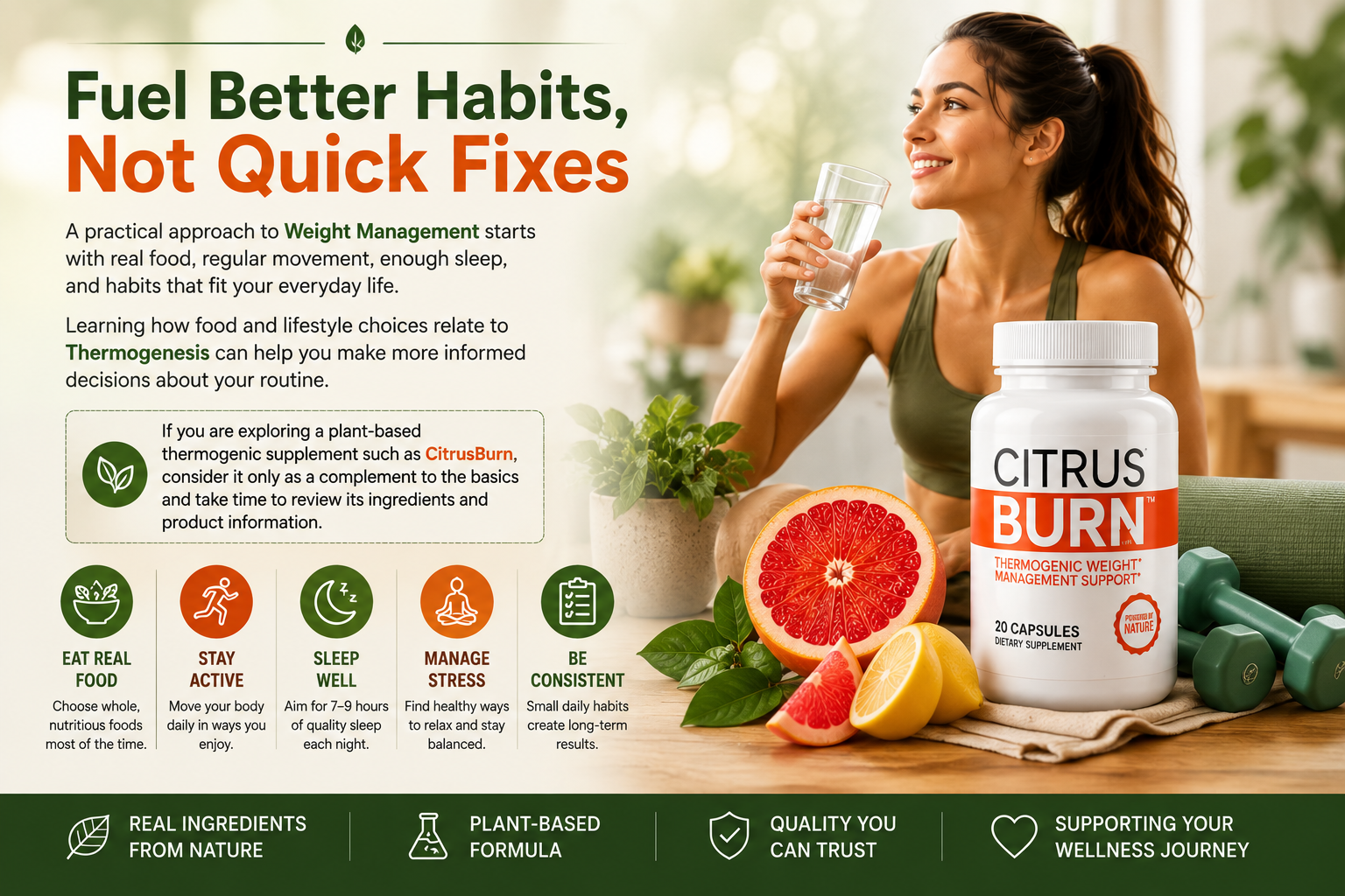 CitrusBurn supplement with healthy foods and lifestyle choices for thermogenesis support