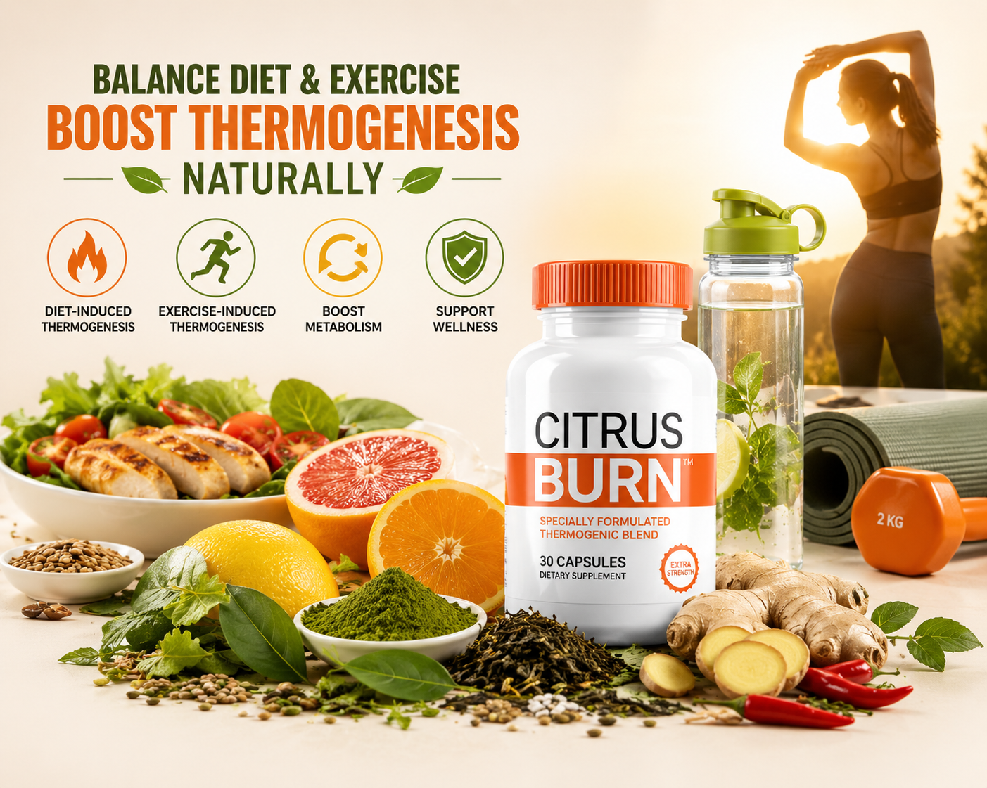 CitrusBurn supplement with natural ingredients representing healthy nutrition, metabolism, and thermogenesis support