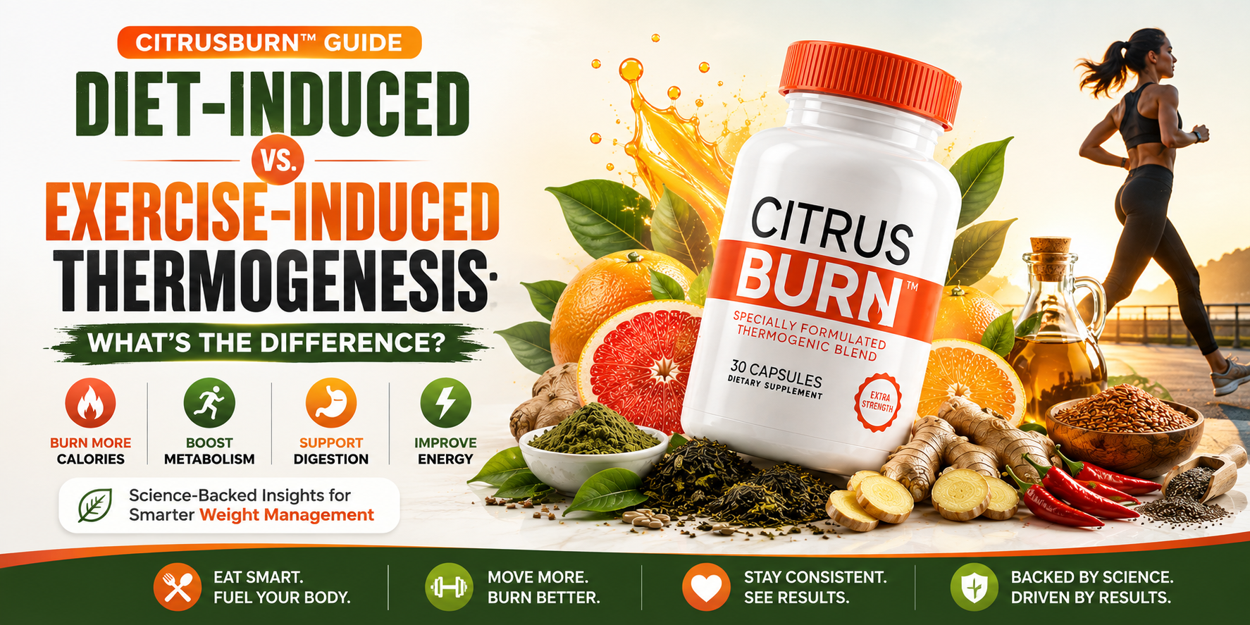 Diet-induced vs exercise-induced thermogenesis explained with CitrusBurn supplement, metabolism and healthy weight management