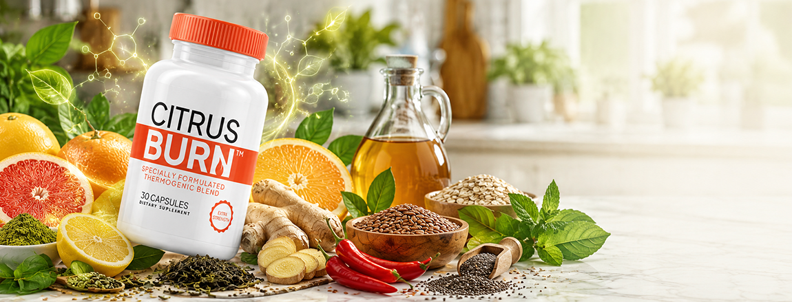 Plant-based fat-burning supplement bottle with green tea, citrus fruits, ginger, apple cider vinegar, chili peppers, and natural ingredients for healthy weight management.