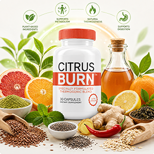 Plant-based fat-burning supplement with green tea, citrus fruits, ginger, apple cider vinegar, flaxseeds, chia seeds, oats, and natural ingredients supporting healthy metabolism, thermogenesis, and weight management.